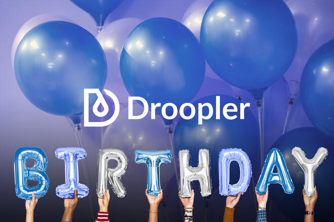 Droopler logo. Below, there are several hands holding baloons in shape of letters that are arranged to form a word "Birthday". Round, blue baloons are set as a background.