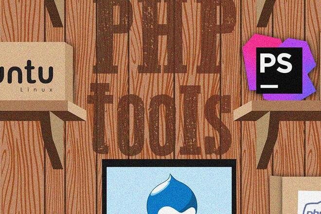 A room similar to workshop visible. Instead of the tools, on shelves there are logos of different programmes and technologies like docker, ubuntu, ngnix. At the center of the picture there is laptop with Drupal logo on the screen