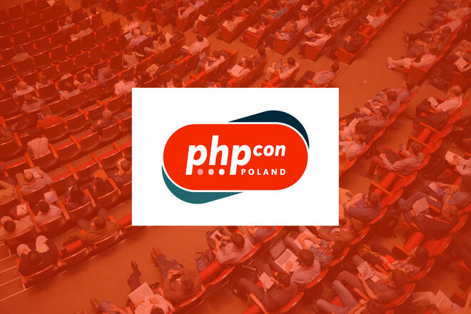 At the background, there's aphoto of conference attendees while listening to a lecture. In the middle - logo of the PHPConPoland 2019 conference