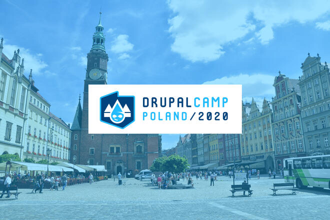 DrupalCamp 2020 logo.In the background, hued blue, Wroclaw square