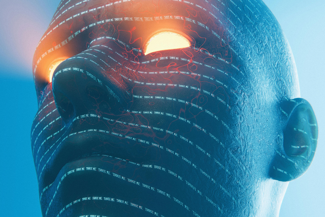 Visage IA bleu abstrait avec yeux orange lumineux et flux de texte TRUST ME répétés - métaphore des brouillons de traduction IA sur sites Drupal multilingues qui nécessitent encore une relecture éditoriale avant publication.