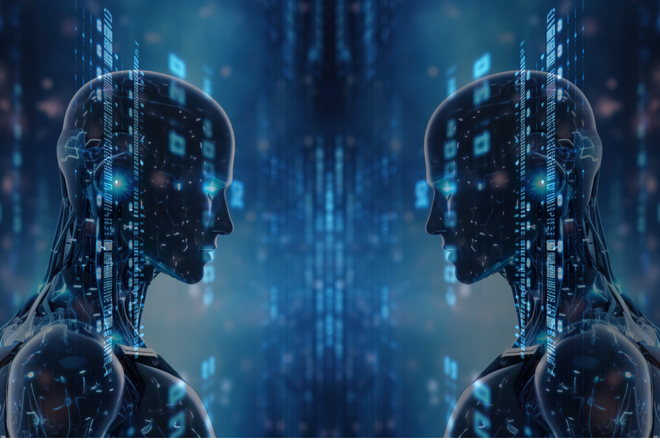Deux profils de robots humanoïdes en miroir face à face devant des flux de données bleus lumineux et des circuits, métaphore visuelle du comparatif Drupal vs WordPress enterprise à l'ère de l'IA.