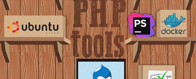 A room similar to workshop visible. Instead of the tools, on shelves there are logos of different programmes and technologies like docker, ubuntu, ngnix. At the center of the picture there is laptop with Drupal logo on the screen