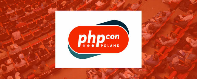 At the background, there's aphoto of conference attendees while listening to a lecture. In the middle - logo of the PHPConPoland 2019 conference