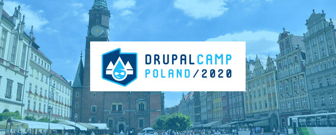 DrupalCamp 2020 logo.In the background, hued blue, Wroclaw square