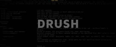 Grey text "drush". In the background: strings of drupal code.