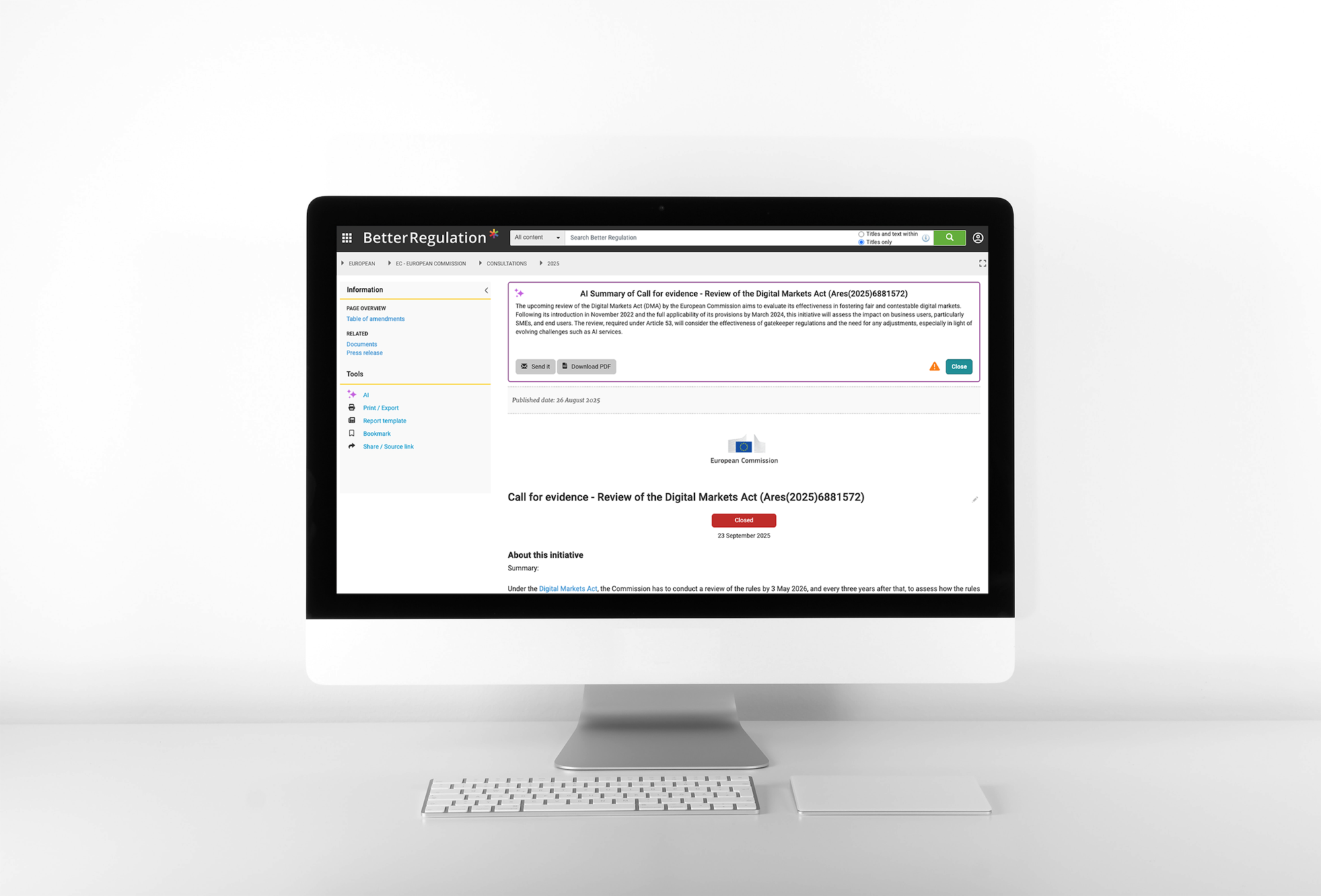 Screen with the BetterRegulation platform displaying a window with a document summary. 