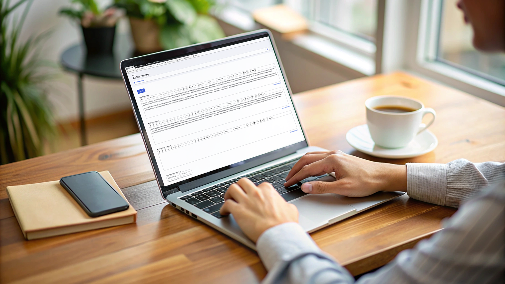 A laptop with a visible CMS panel containing automatic summaries generated by AI. 