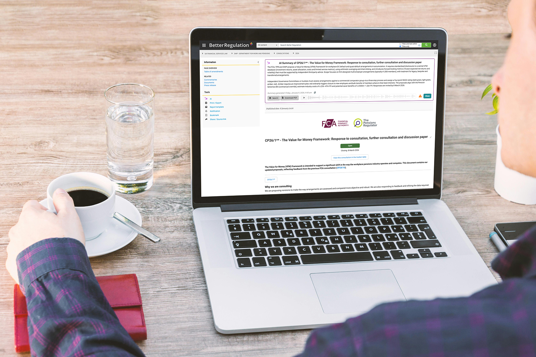 A laptop displaying a long summary of a legal document on the BetterRegulation platform.