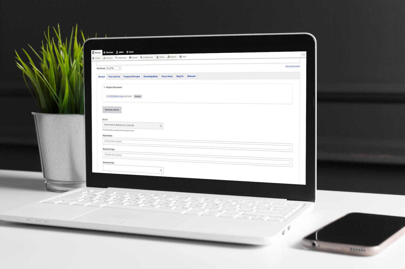 A laptop screen showing the Drupal admin panel with an AI generation option for BetterRegulation editors.