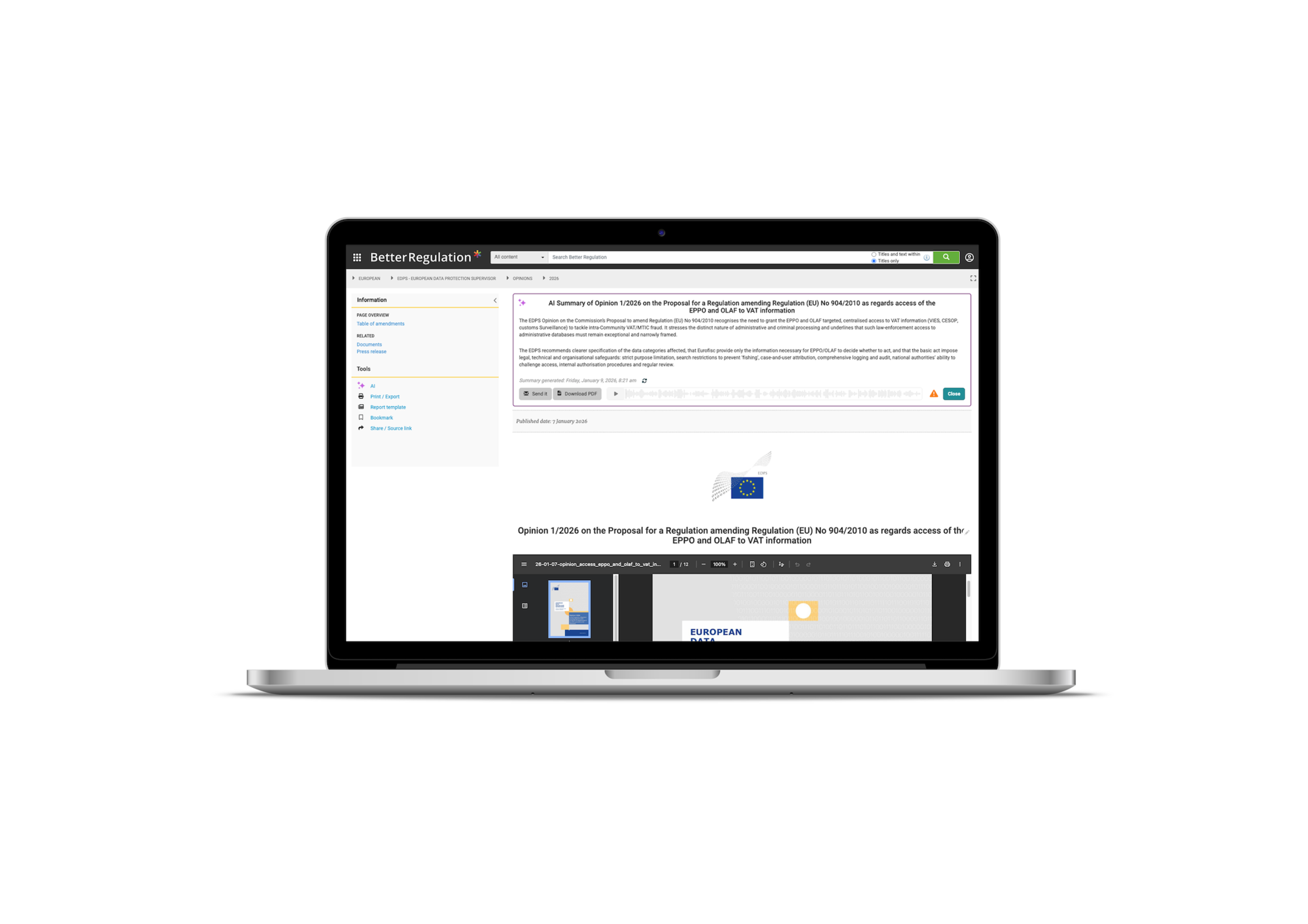 Laptop showing the platform user panel with documents with summaries and the option to generate PDFs.