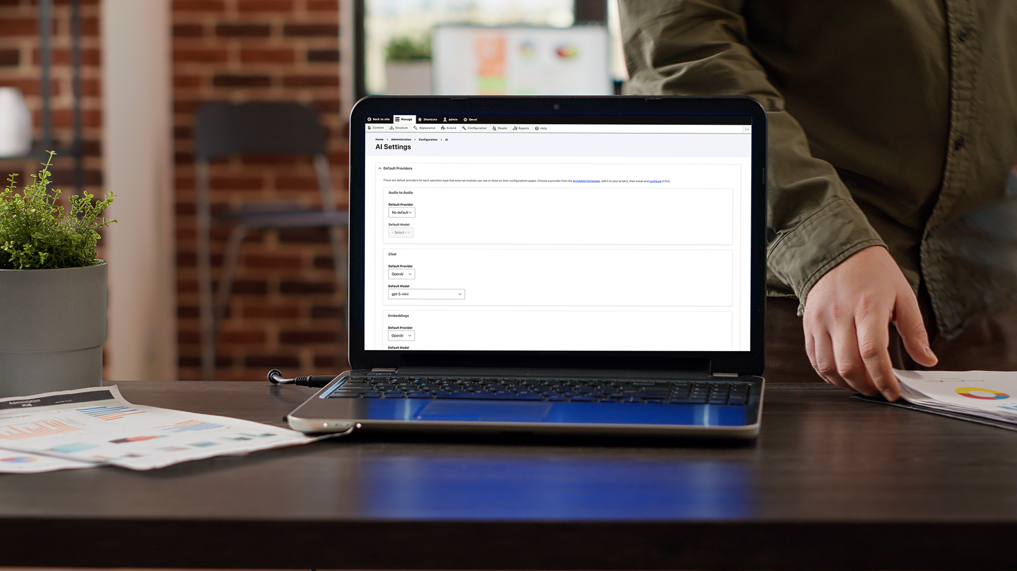 Screen with AI module settings in Drupal on a platform with online documents. 