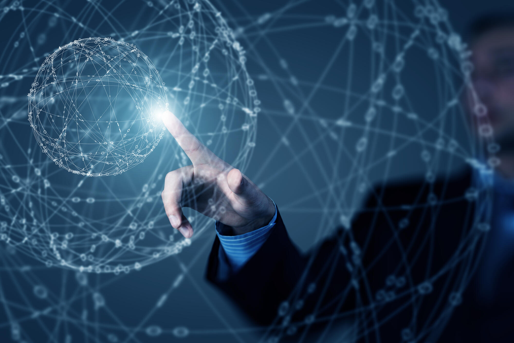 Hand touching a glowing digital globe and network nodes, illustrating generative engine optimization for Drupal visibility in AI answers