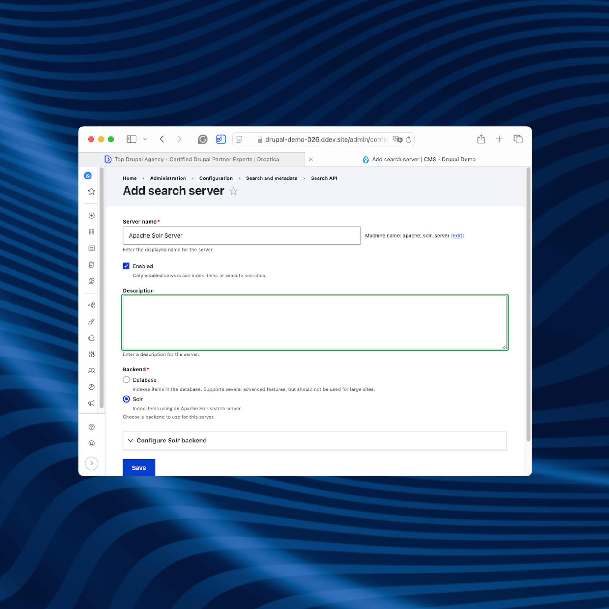 Apache Solr configuration screen for creating an advanced search engine on a Drupal CMS website.