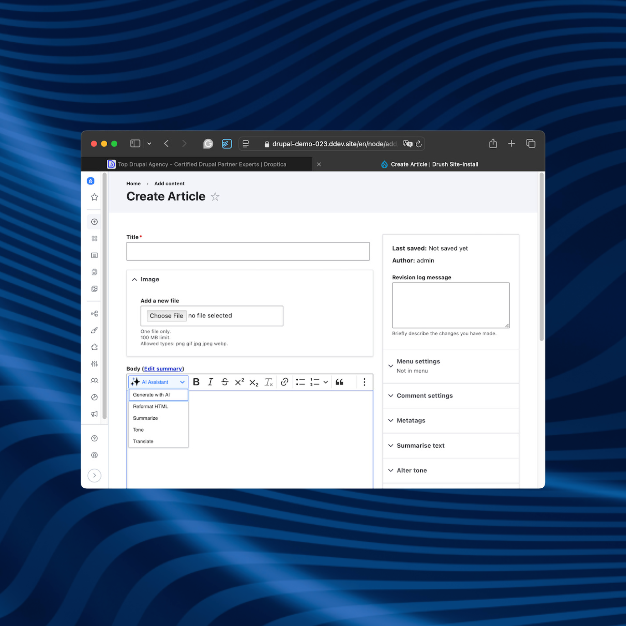 A screenshot of the AI assistant in the Drupal CMS text editor, which facilitates content creation.