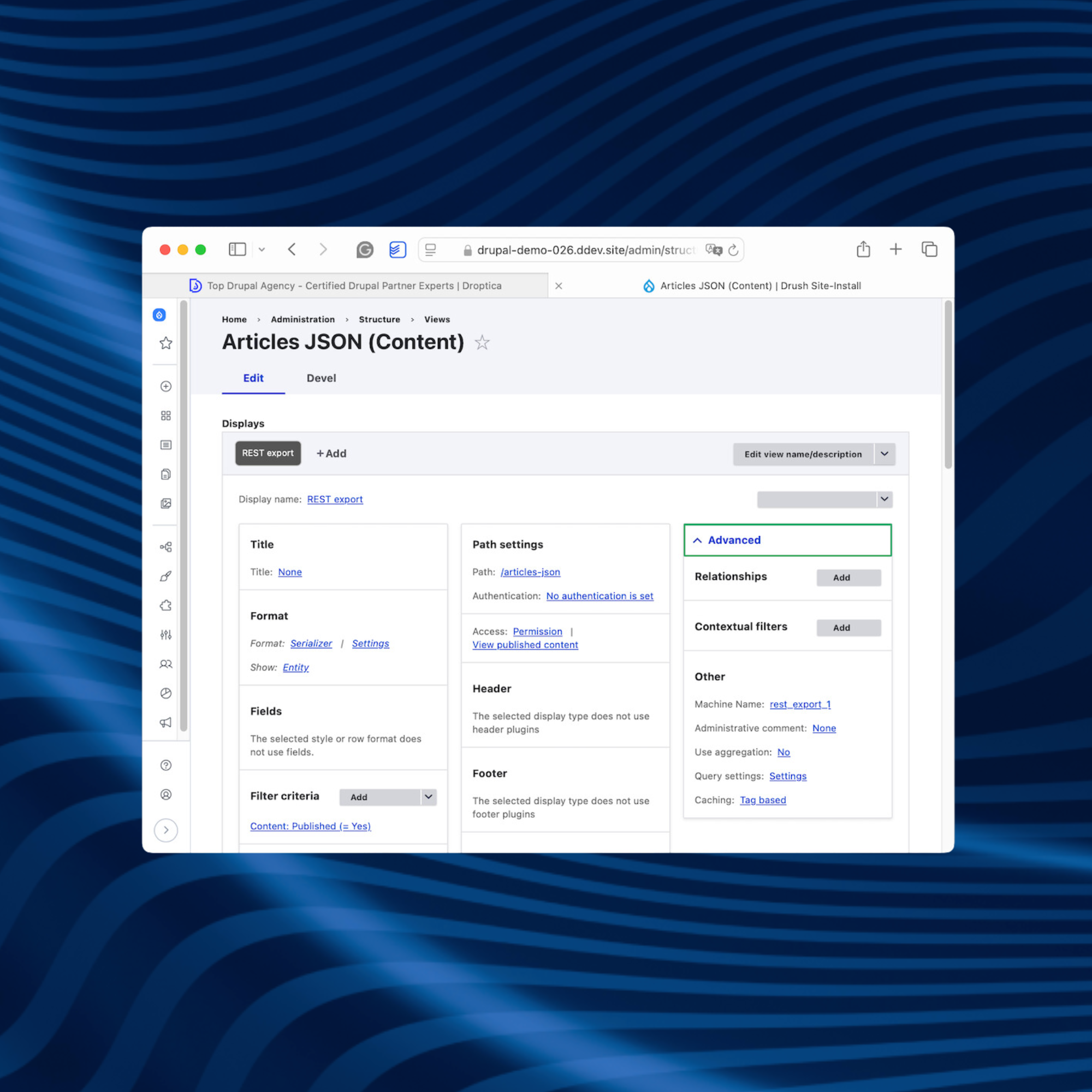 An option to publish articles using JSON in Drupal to easily distribute content from the CMS system.