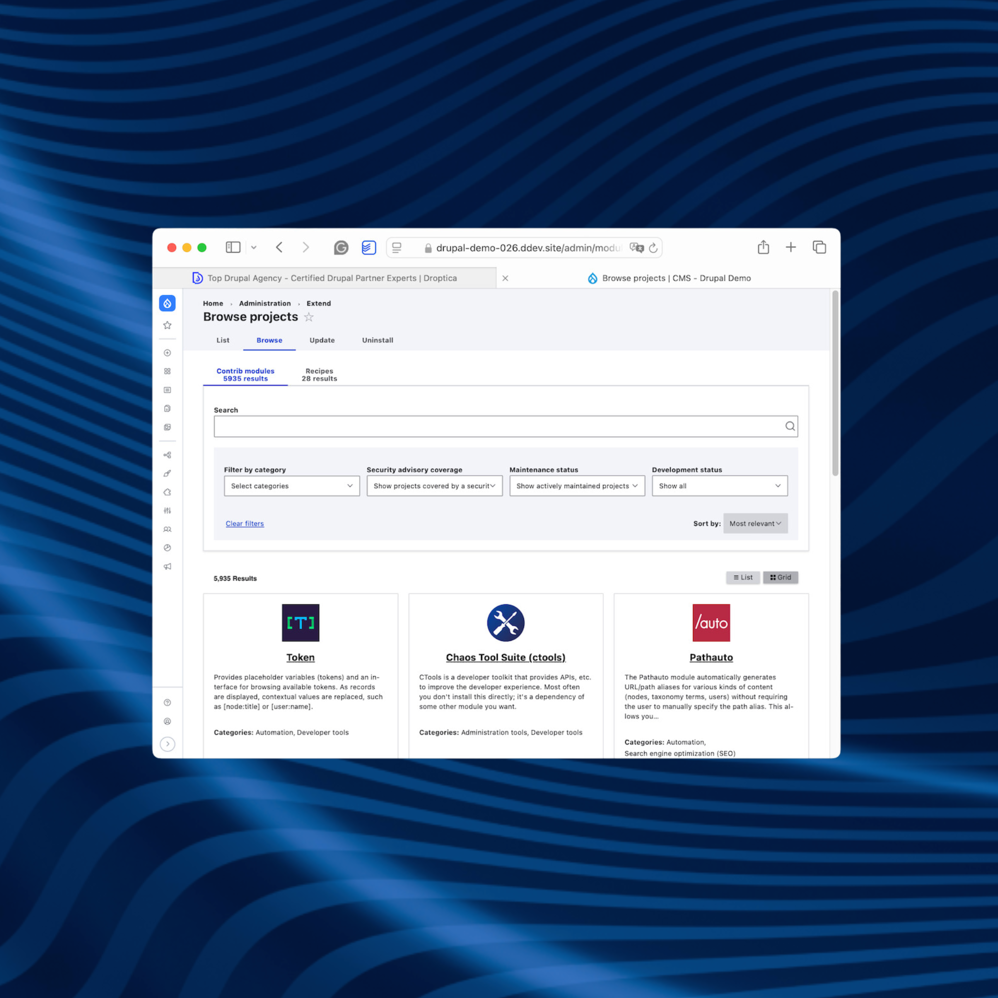 The section in Drupal where you can search for additional functionality to implement in the CMS.