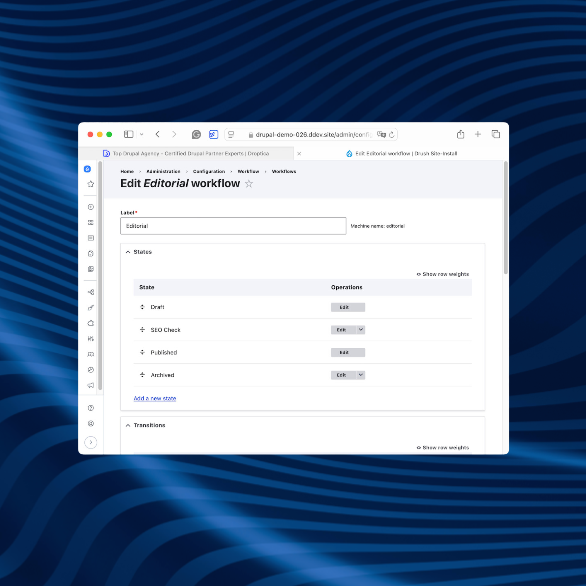 Editorial workflow settings in Drupal that allow you to change statuses in the CMS platform.