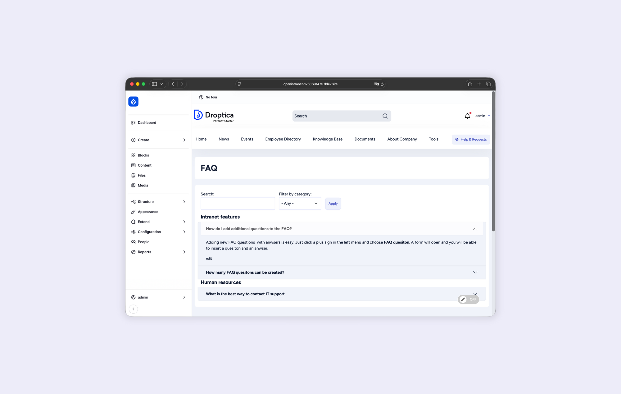 The Frequently Asked Questions (FAQ) section in Open Intranet.