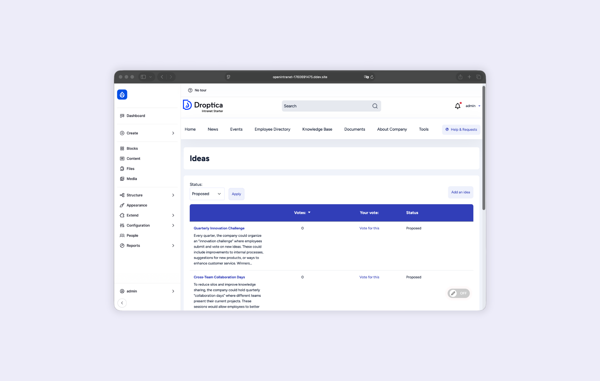 The Innovation Management section in open source intranet.