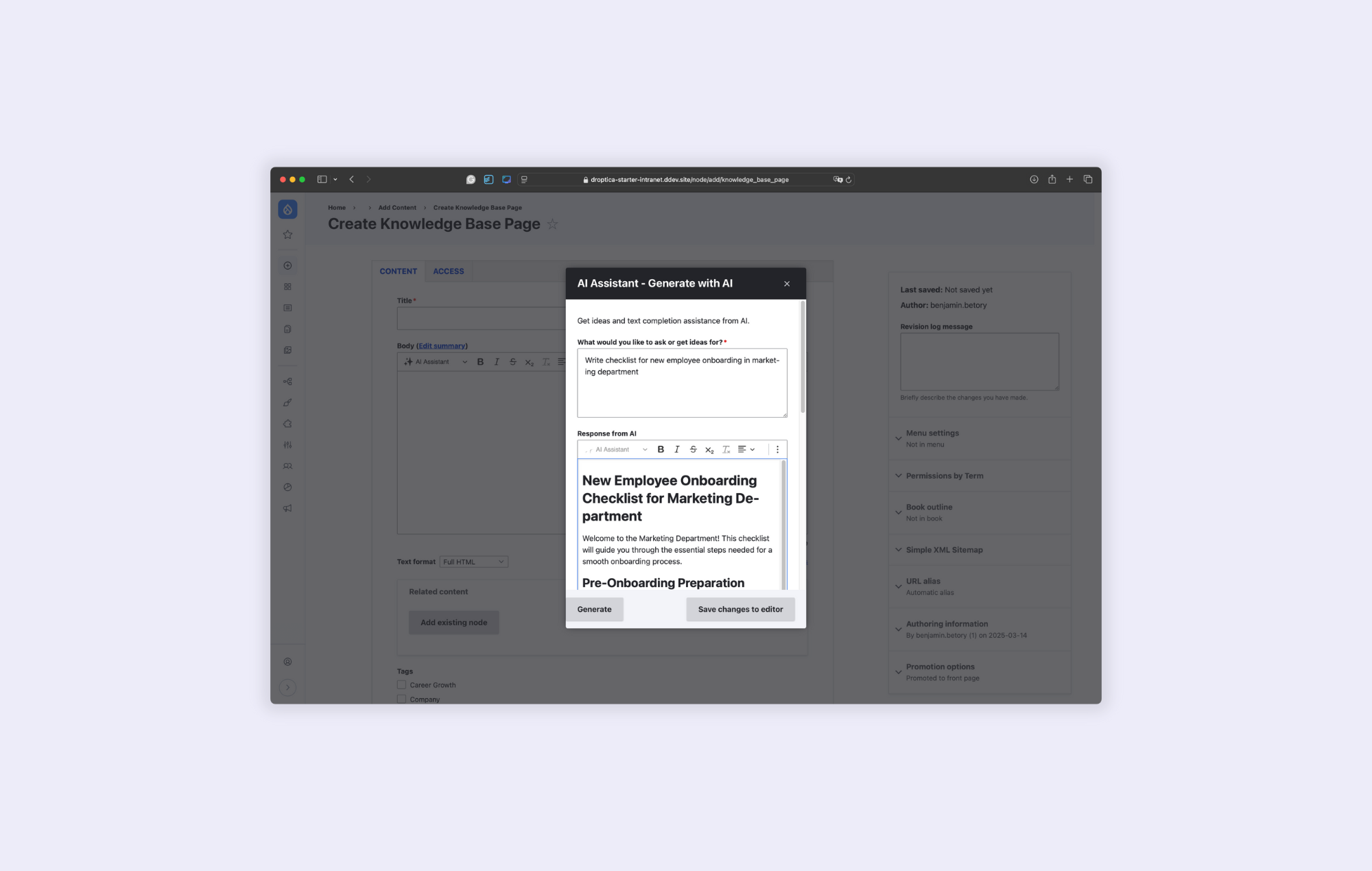 The window with article editing and writing support from the AI assistant in the ready-to-use Droptica intranet.