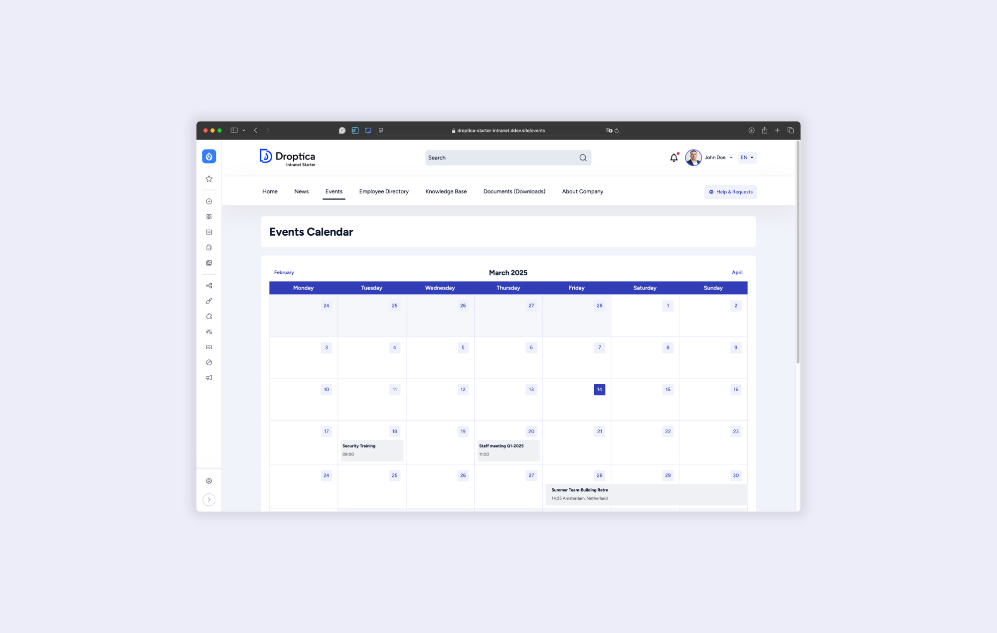 Calendar window with events in the free intranet platform from Droptica, where events can be added.