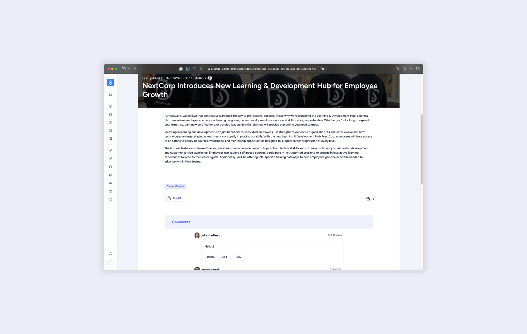 Screen showing sample comments on the intranet, which are social interactions for employees.