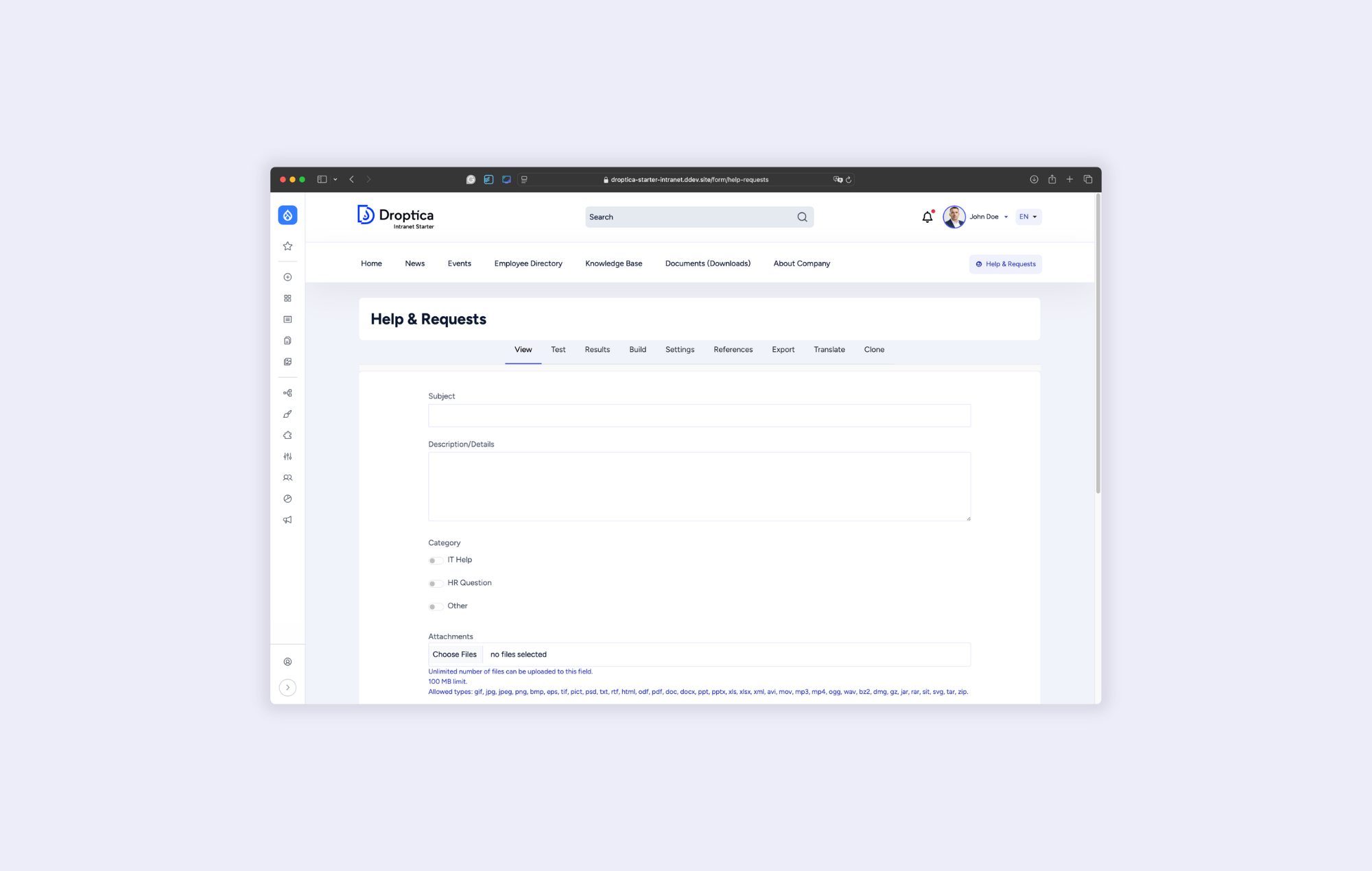 Screen with an internal form for submitting requests (e.g., leave requests) in the pre-built Droptica intranet.