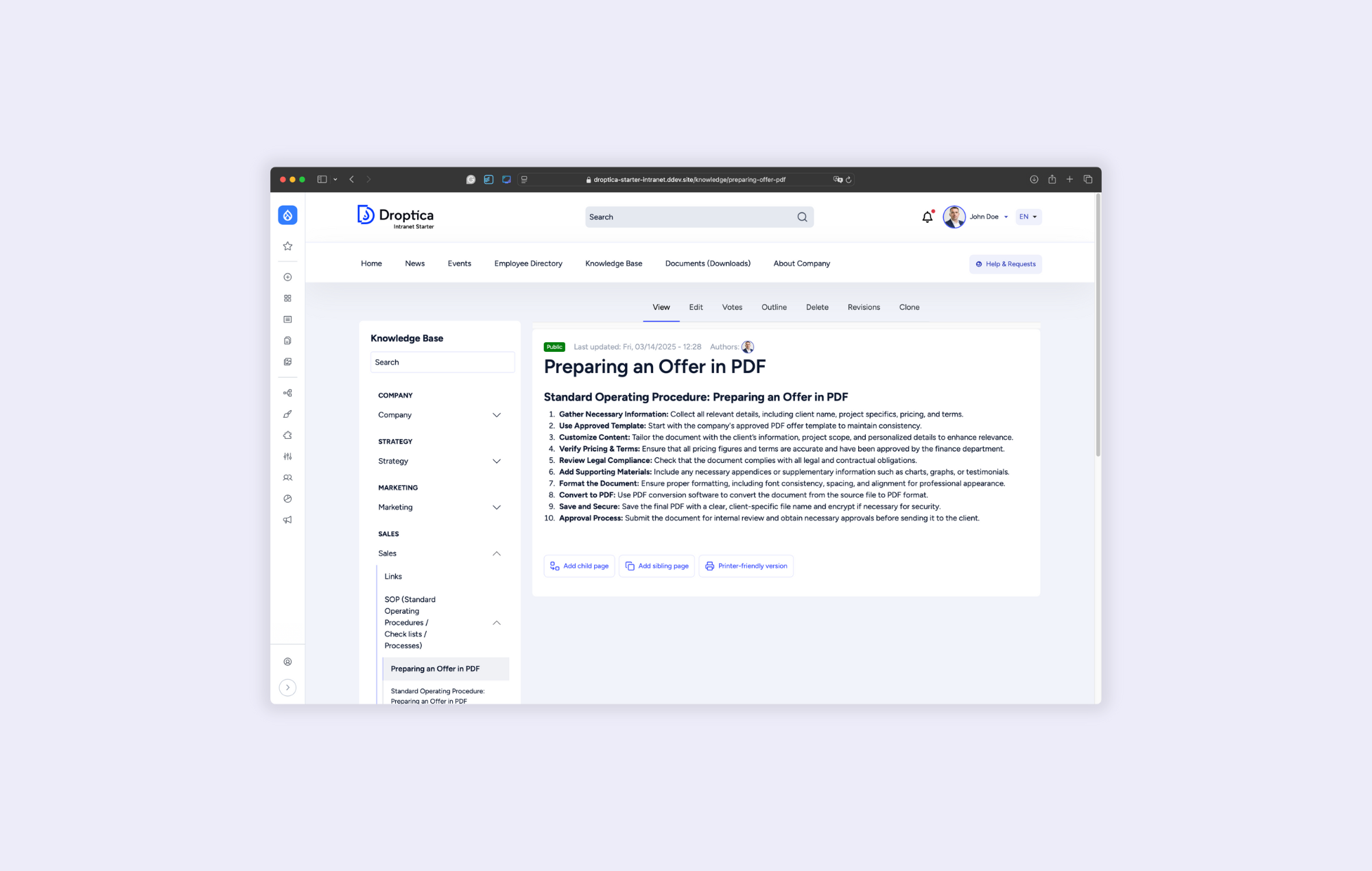A knowledge base in the open source intranet from Droptica, with topics and editing options for users.