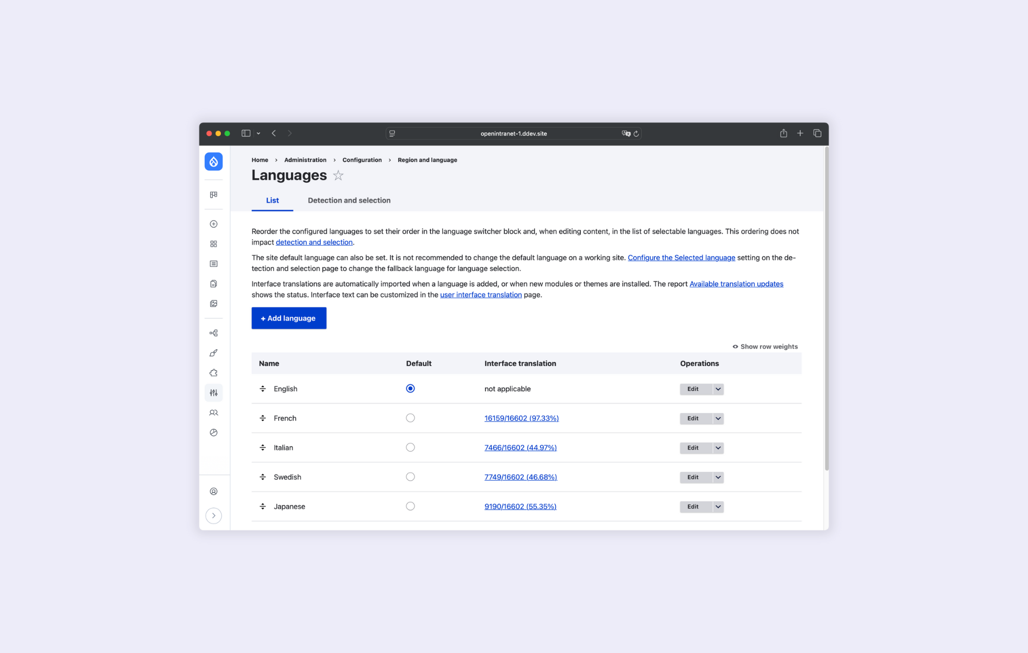 The open source intranet supports international environments, thanks to Drupal's multilingual settings.