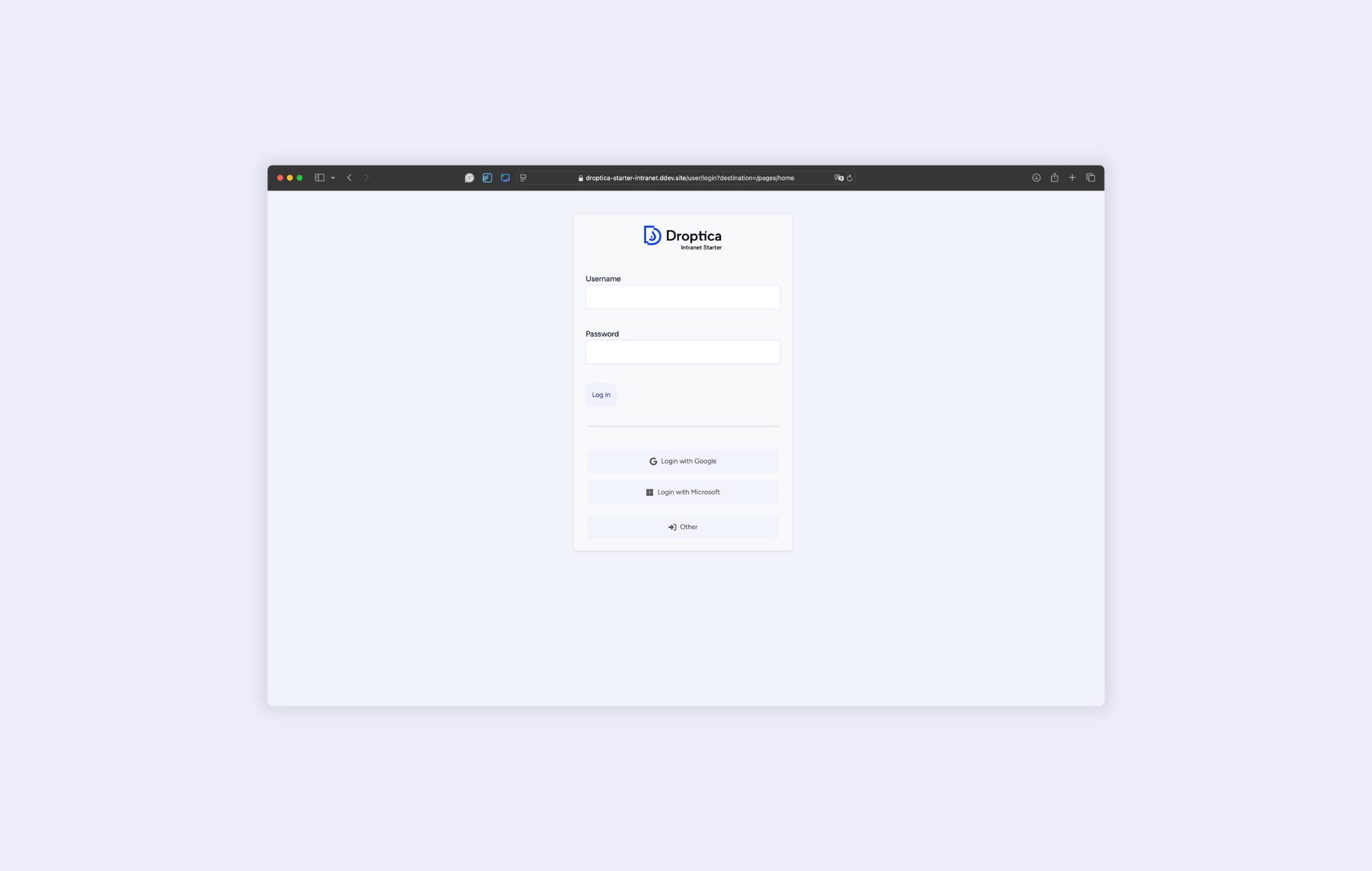 Droptica intranet login window, integrated with LDAP, Google and Microsoft accounts.