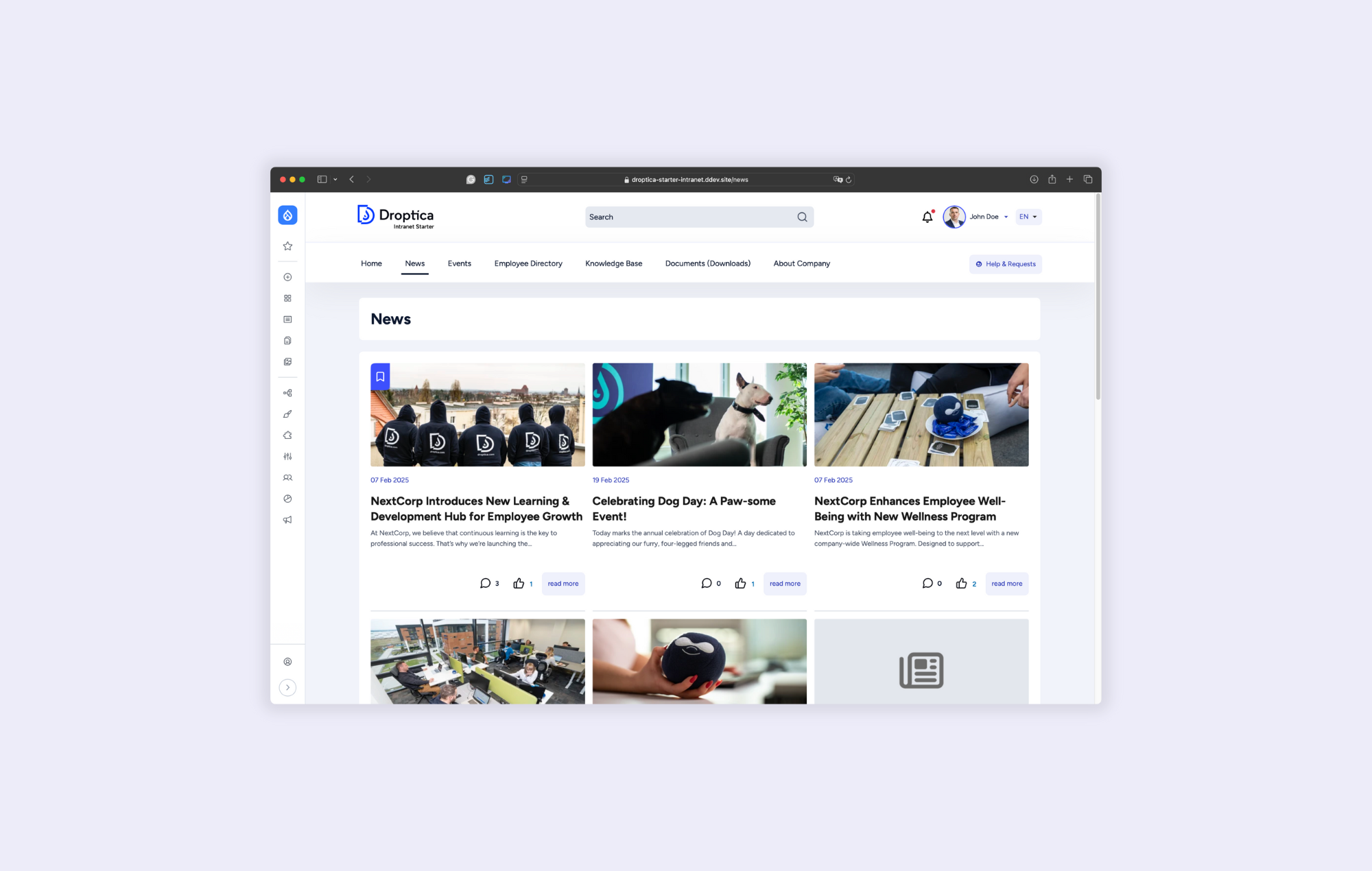 A screen showing news in the ready-made intranet from Droptica, which display by permission.