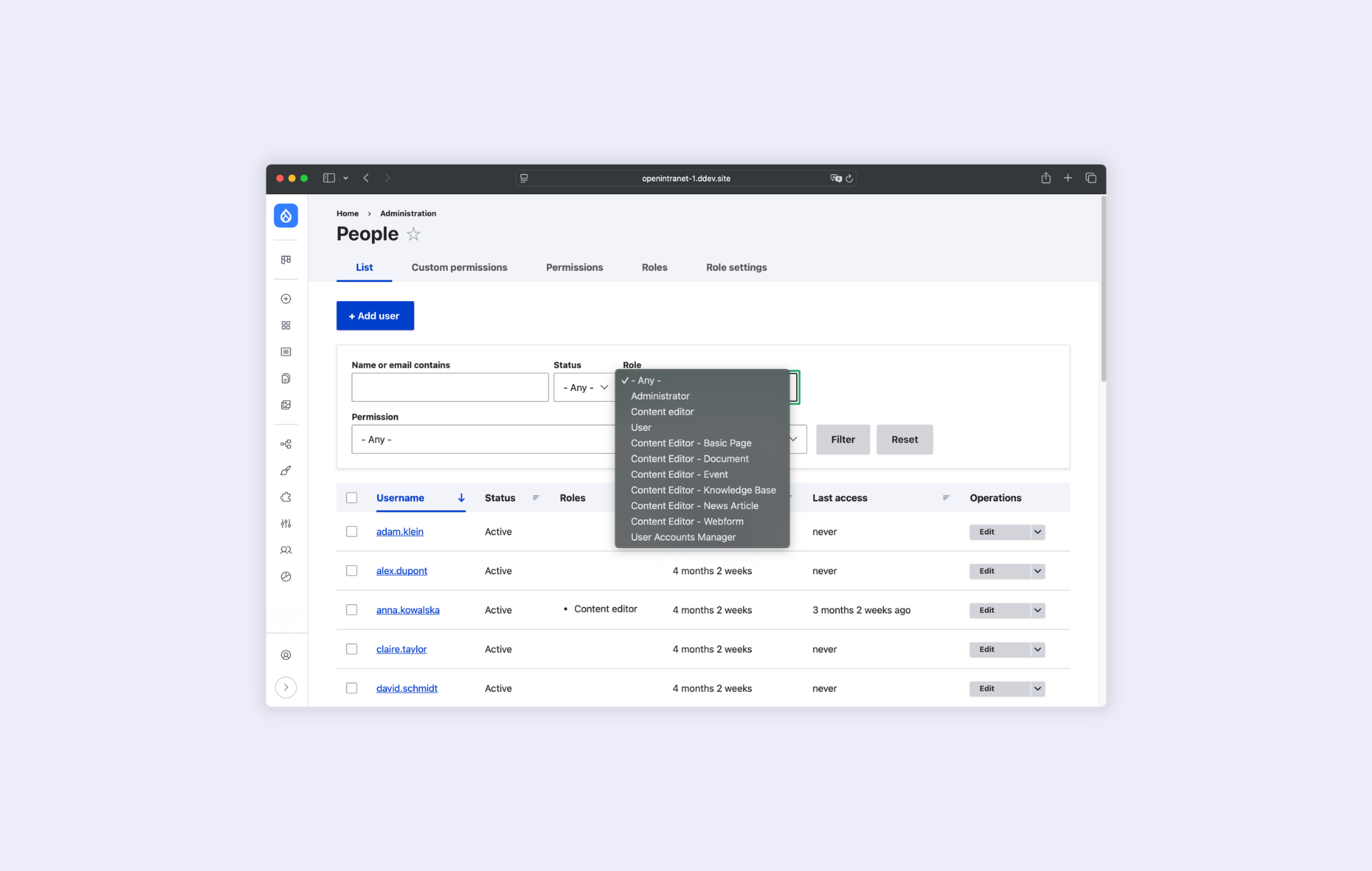 A section for setting roles and permissions in the Open Intranet system.
