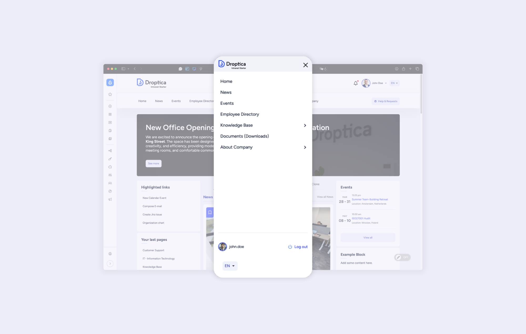 Screen showing the responsiveness of Droptica's intranet through how it displays on desktop and mobile.