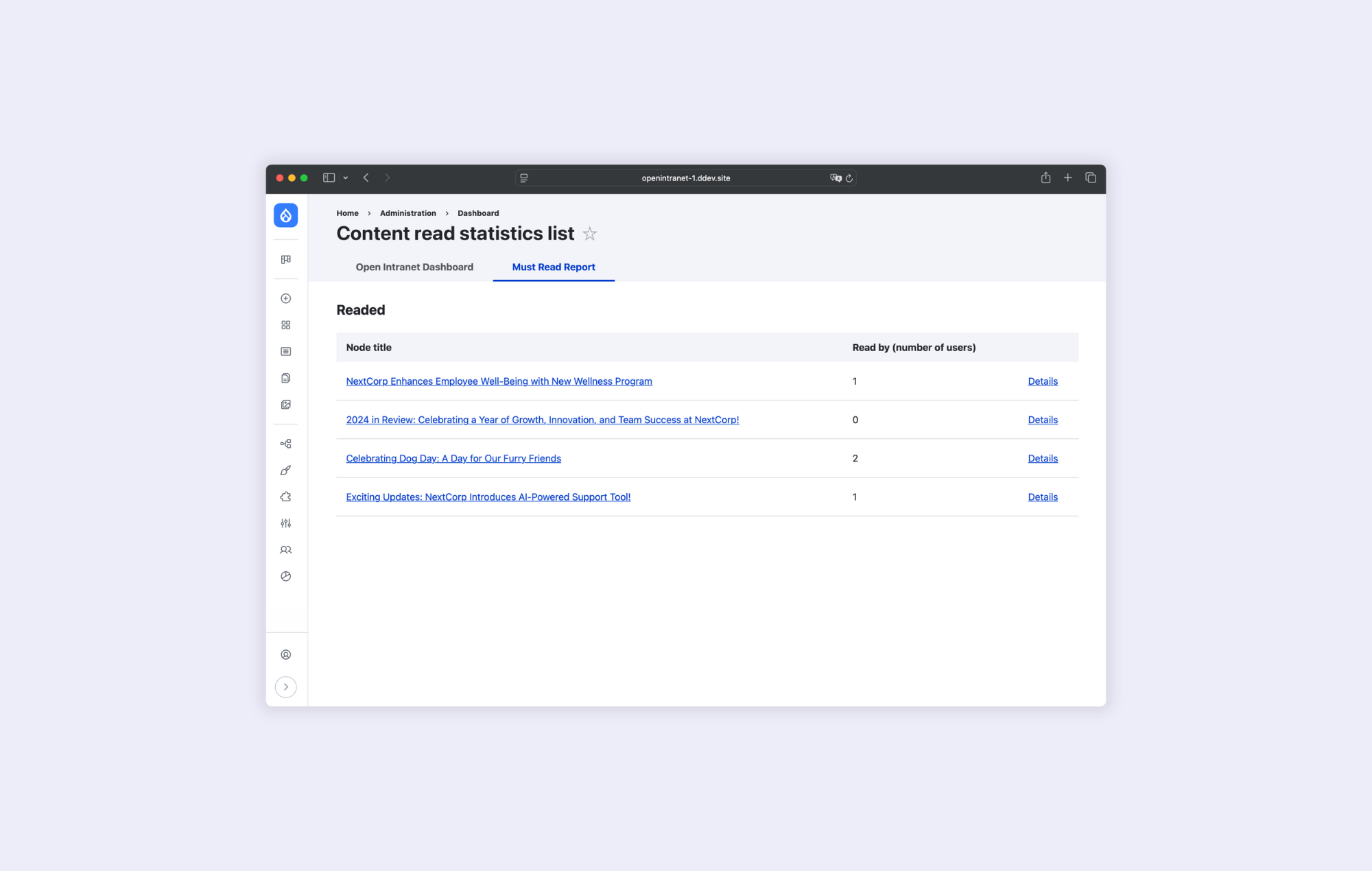 A report view in the Open Intranet system that shows users reading "must read" content.