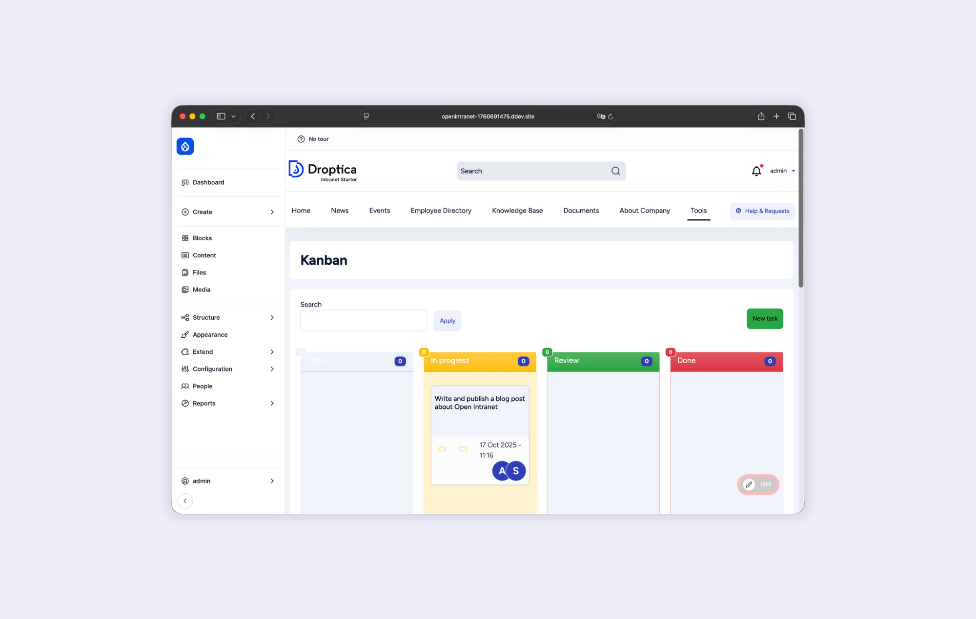 The Project Management section in Open Intranet.