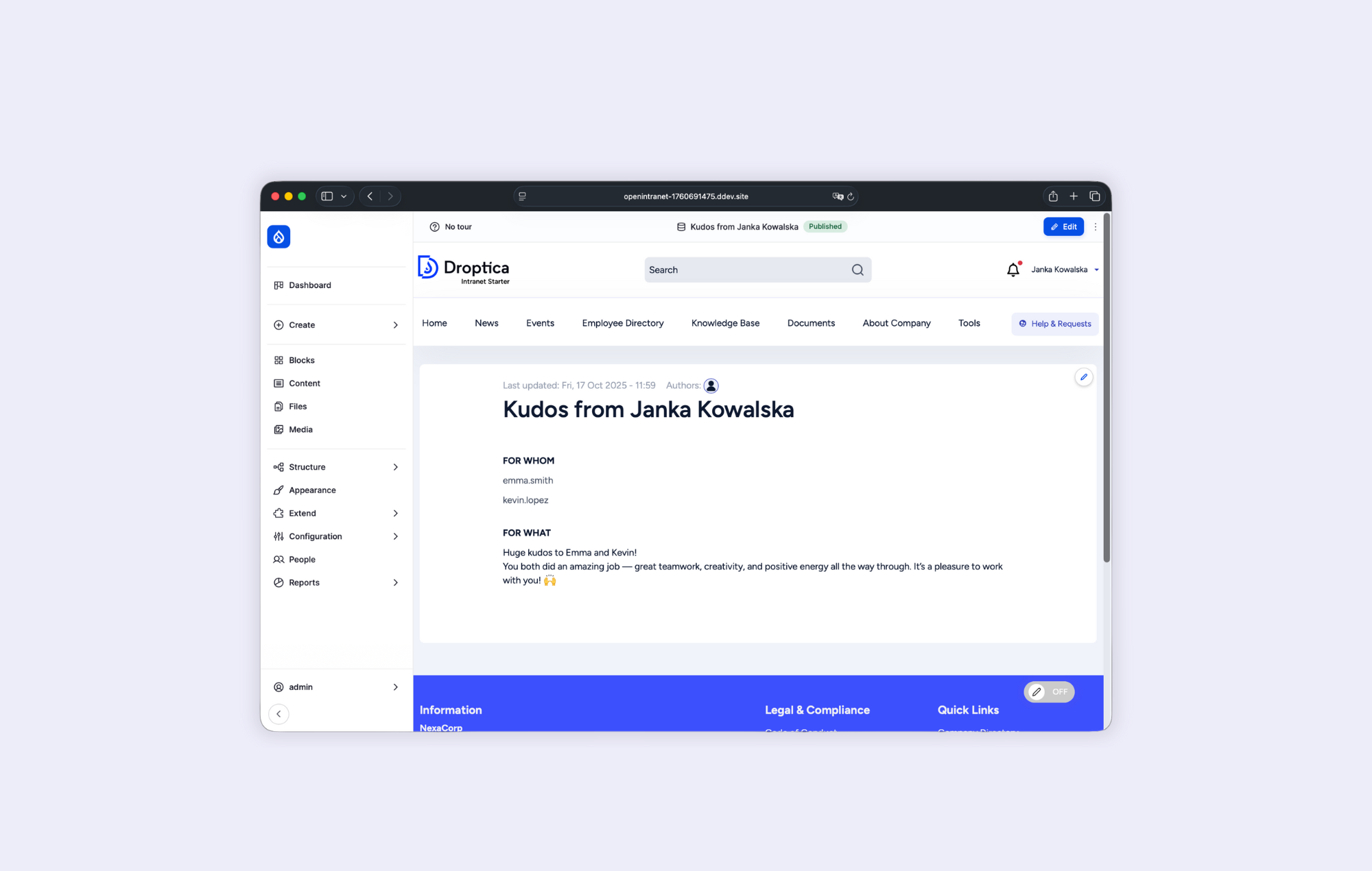 Employee Recognition System in Open Intranet.