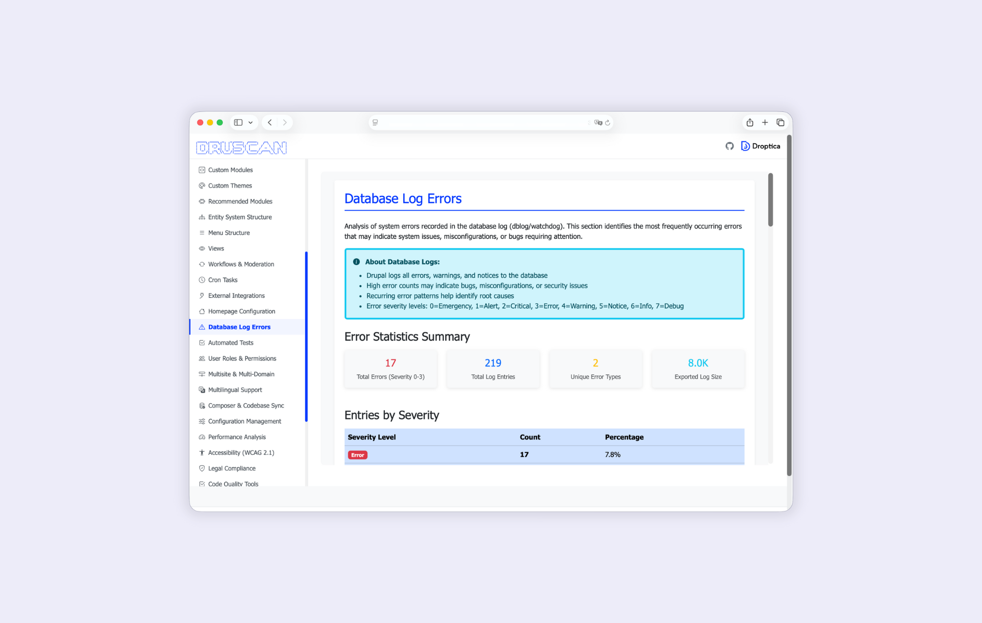 The Drupal audit report with Druscan catches errors and performance issues related to the database.