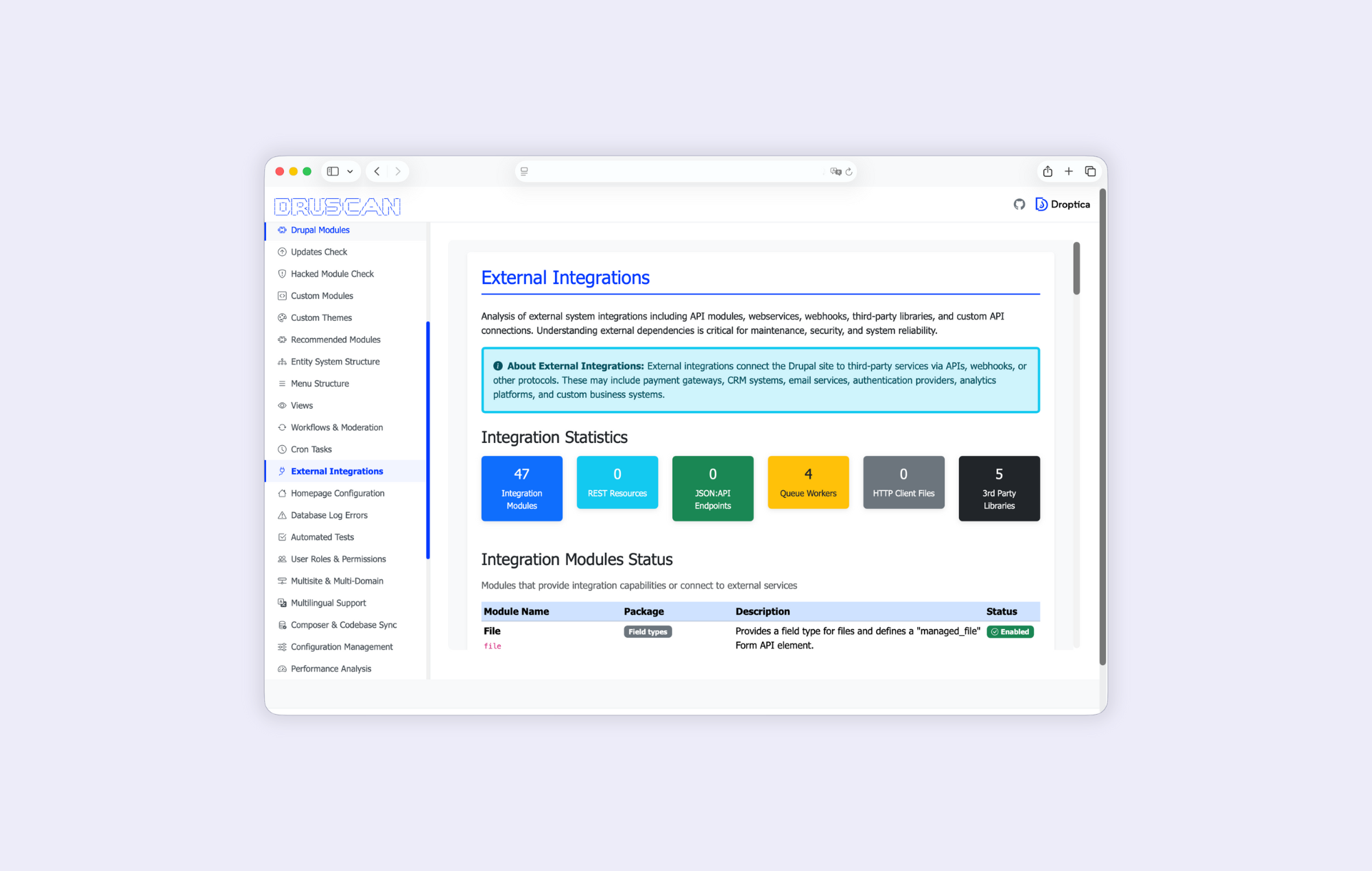 The Drupal audit tool identifies existing integrations with external services.
