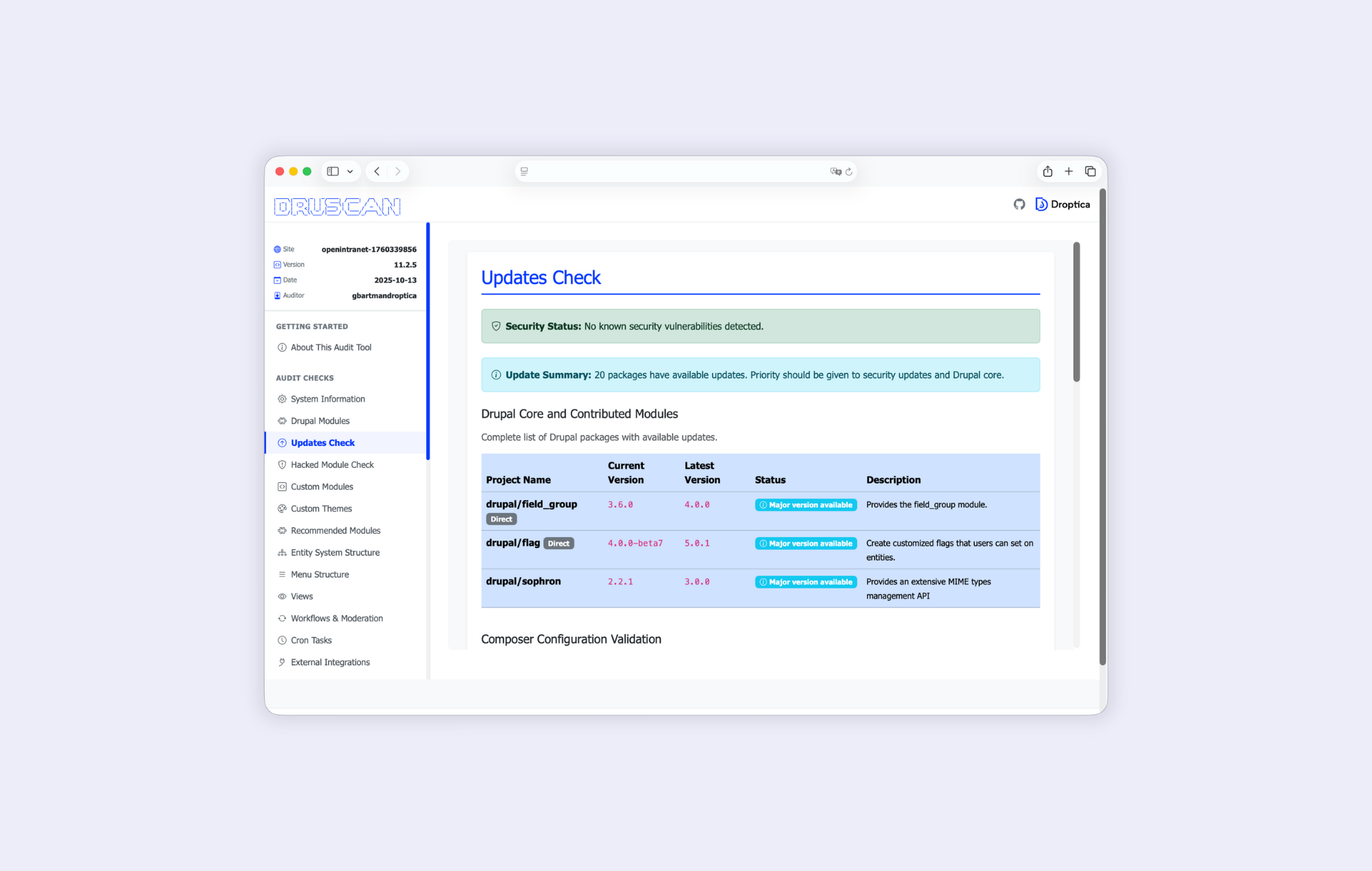 The Drupal audit tool presents recommendations on which modules need to be updated.