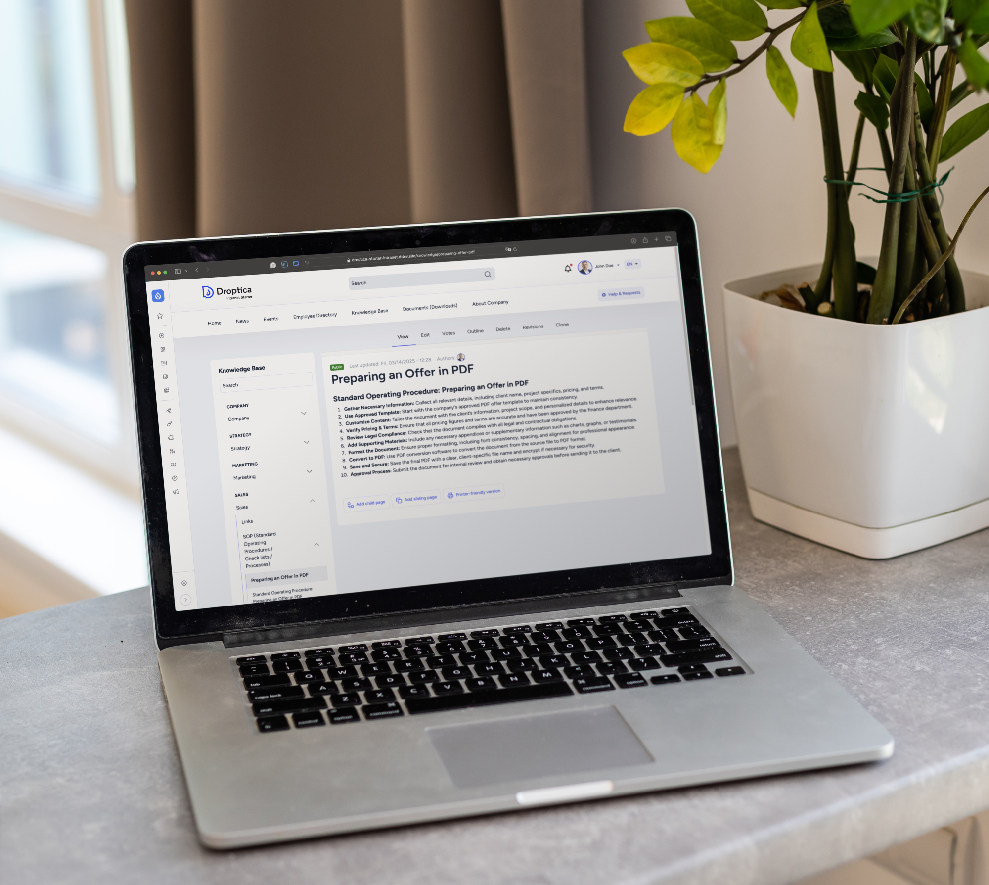 Screen displaying the system implemented as part of a custom intranet development.