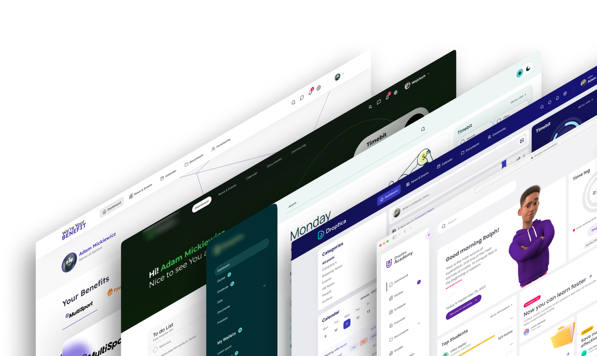 A collection of sample intranet platforms implemented as part of the intranet implementation service by Droptica.