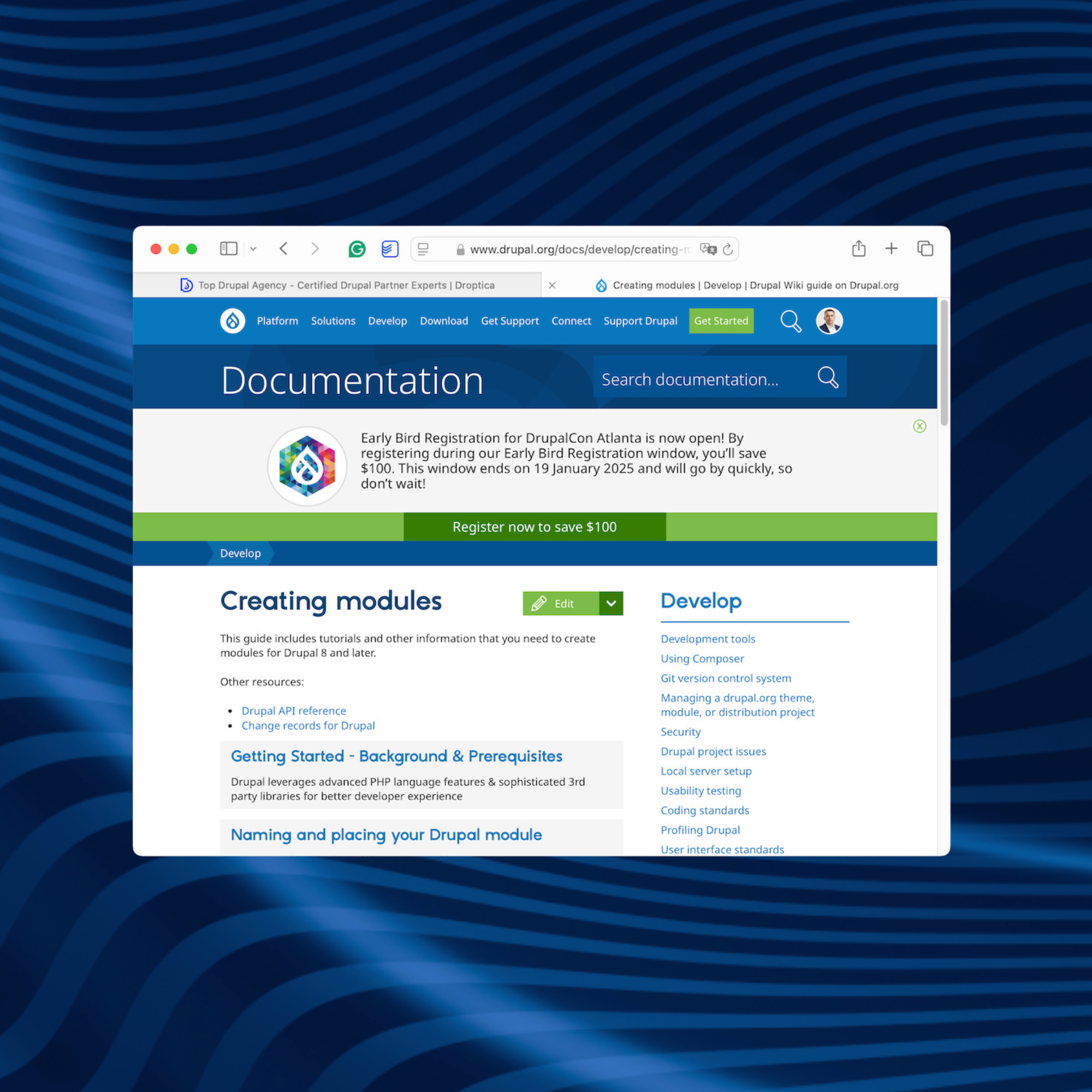 The Drupal.org website, where the Drupal community shares knowledge and improvements to the system.
