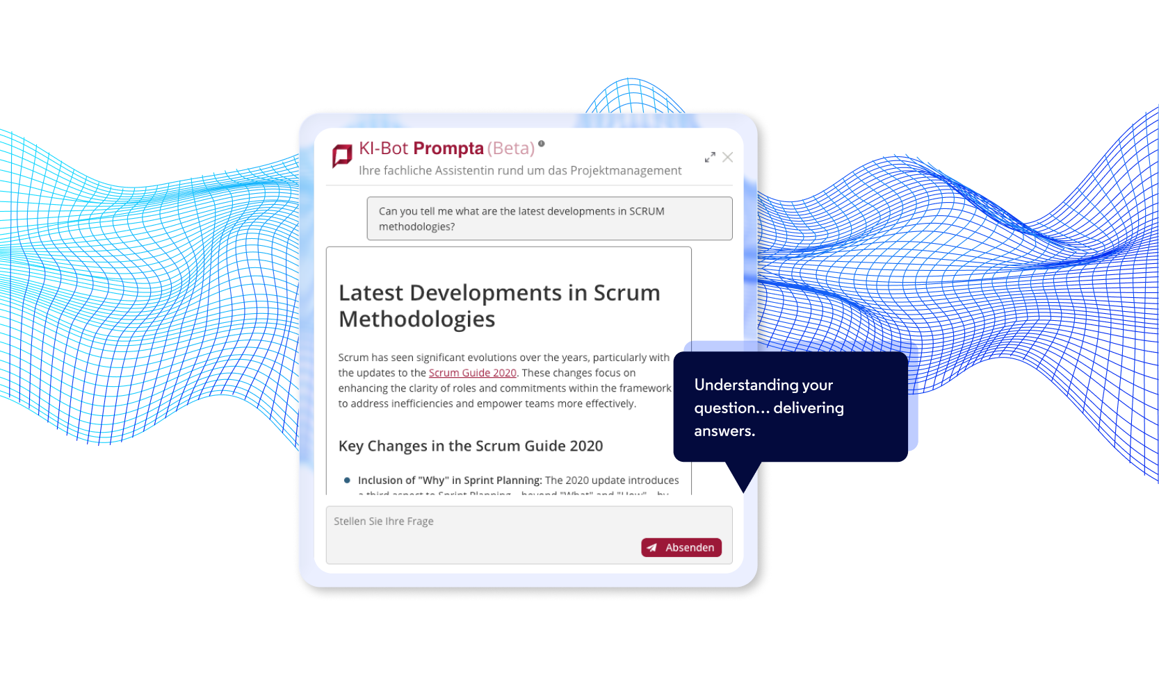 Graphic presenting the AI chatbot implemented on the ProjektMagazin client platform.