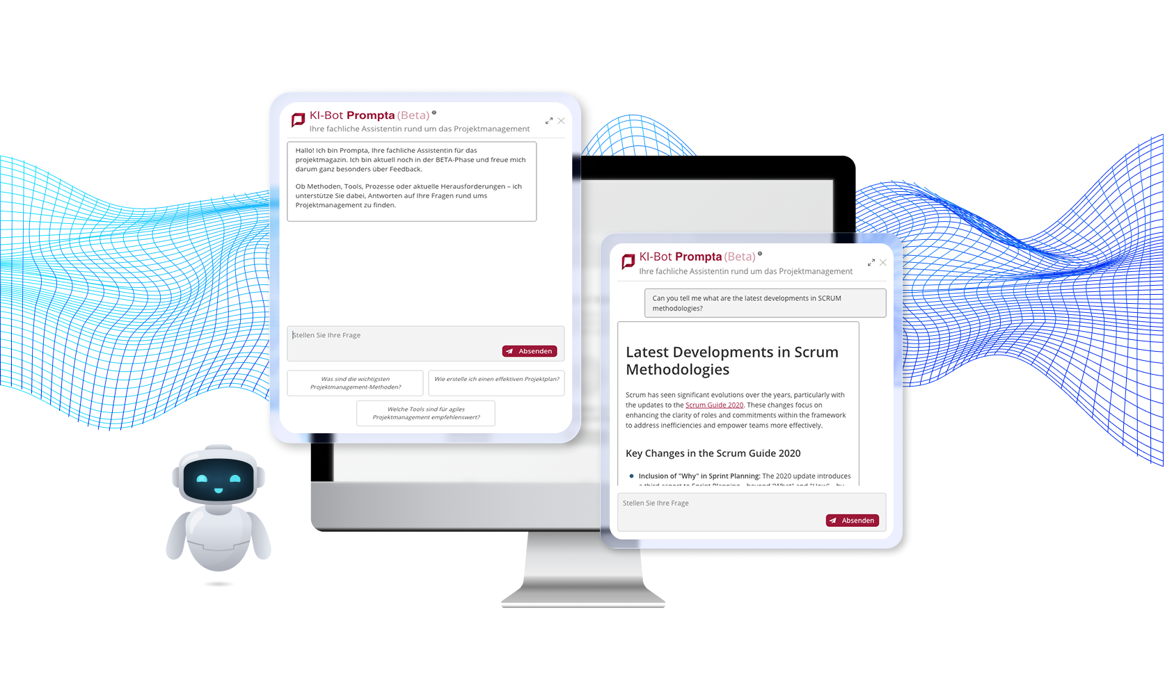 Graphic presenting the visual appearance of the AI chatbot implemented on the ProjektMagazin platform.