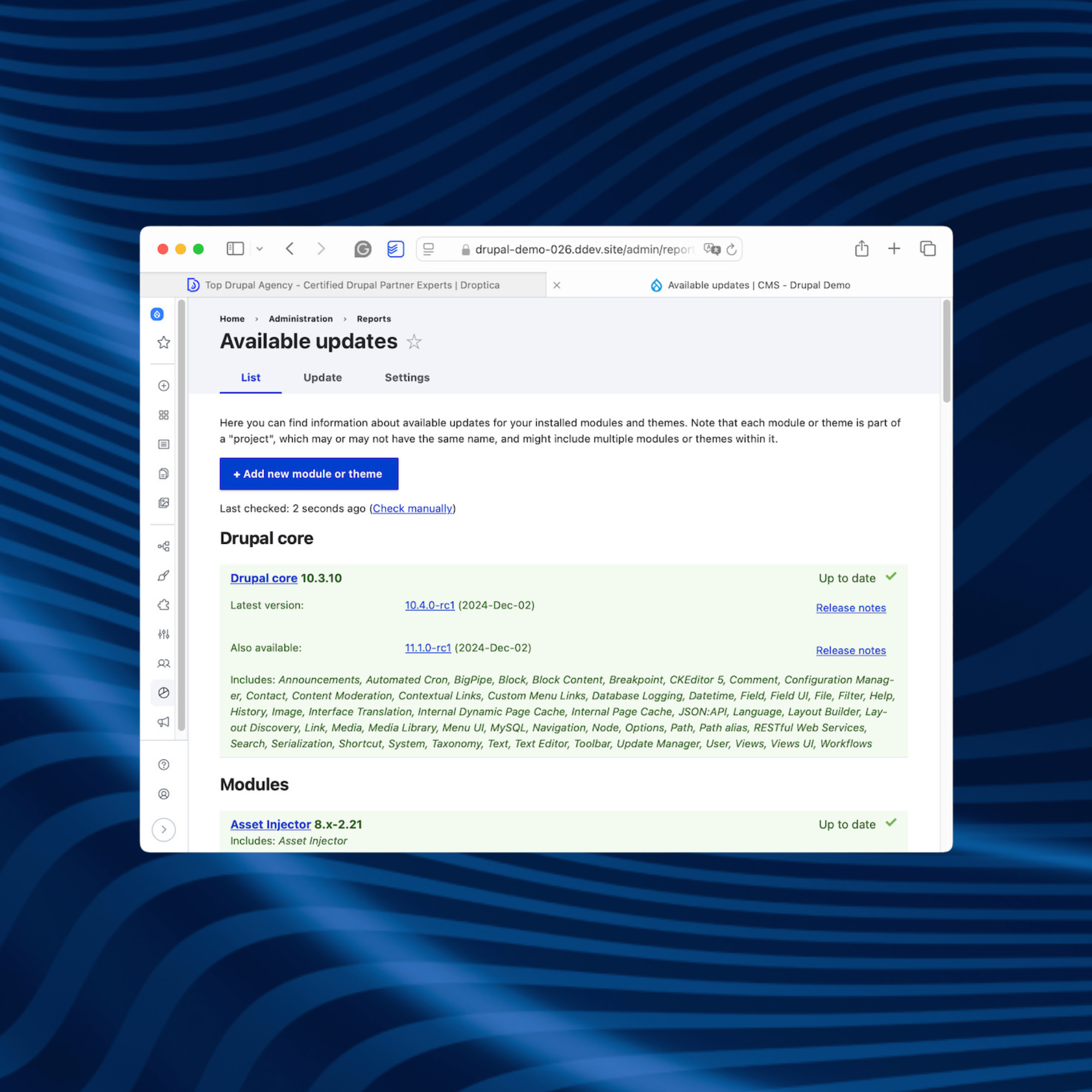 A screen with a section in Drupal showing available updates to the CMS core and modules.