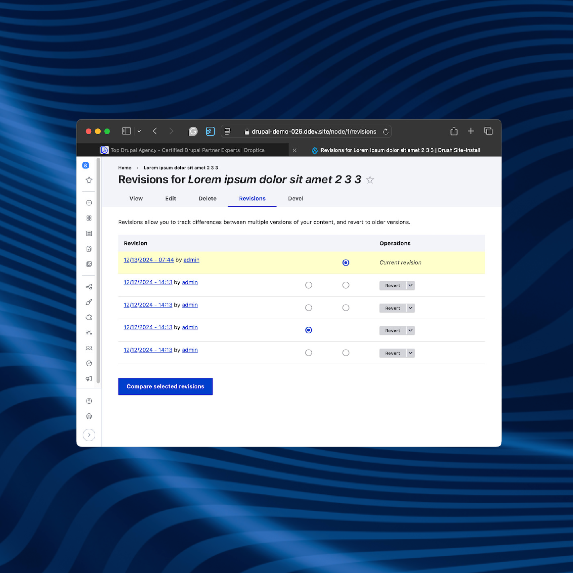 An example of Drupal's version control functionality to monitor changes in the content management system.