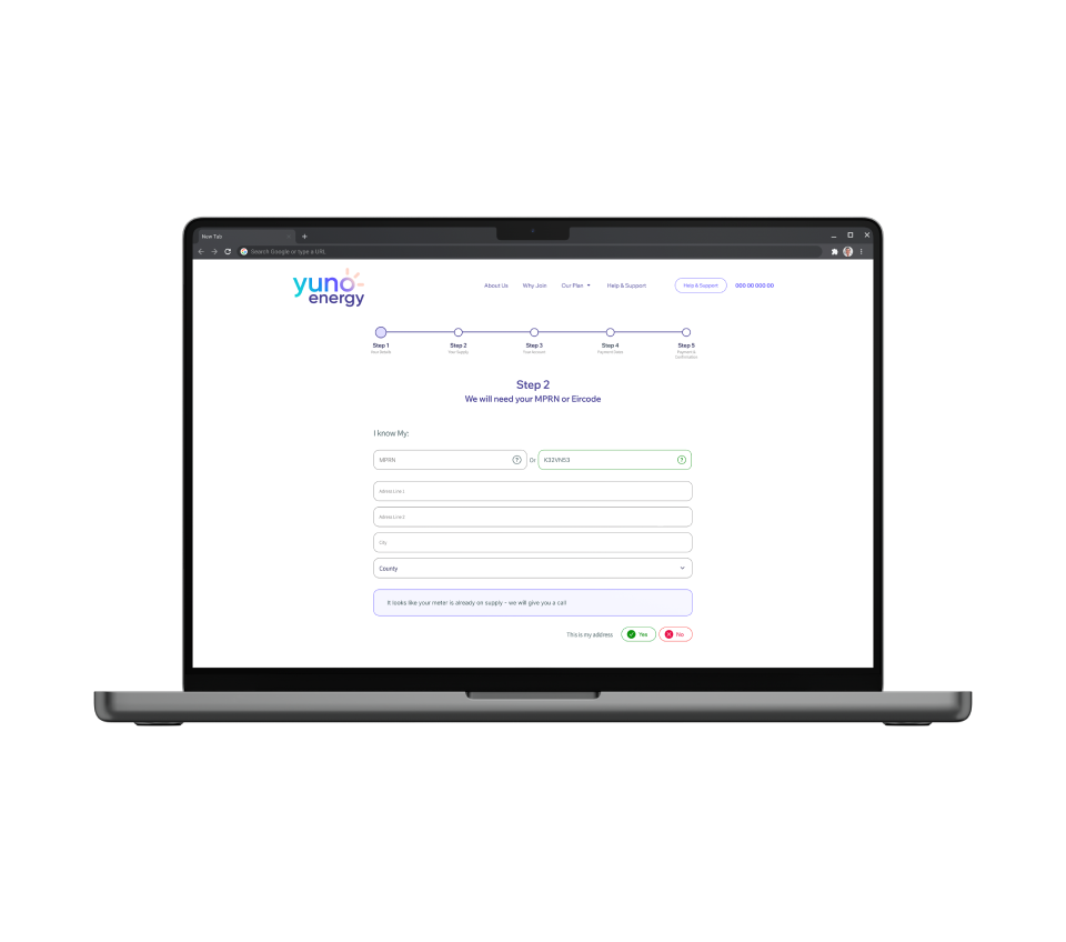 A screen with the multi-step form on the Drupal website for electricity provider Yuno Energy.