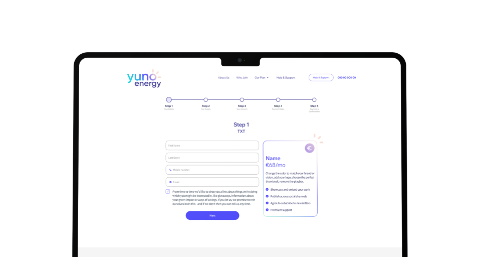 One of the features on the Yuno Energy website is a multi-step registration form for the customers.